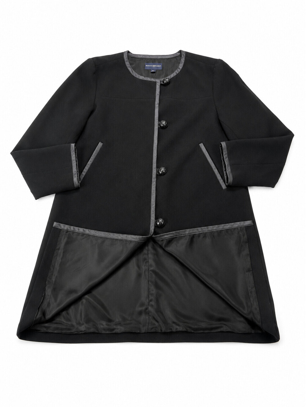 Vintage Womens Banana Republic Black Collarless Car Coat Mid-Length Jacket SzXL - Picture 6 of 11